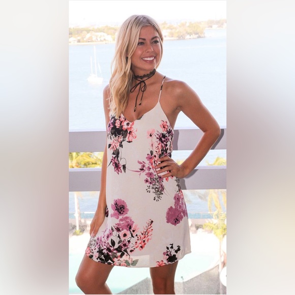 ⭐️SAVED BY THE DRESS CREAM FLORAL TANK SHORT DRESS SZ MED WARN ONCE - Picture 2 of 14